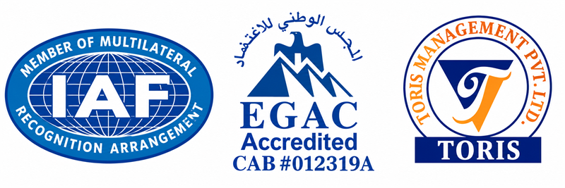 IAF Multilateral Recognition Arrangement, EGAC Accredited CAB #012319A and Toris Management Pvt. Ltd. certification marks